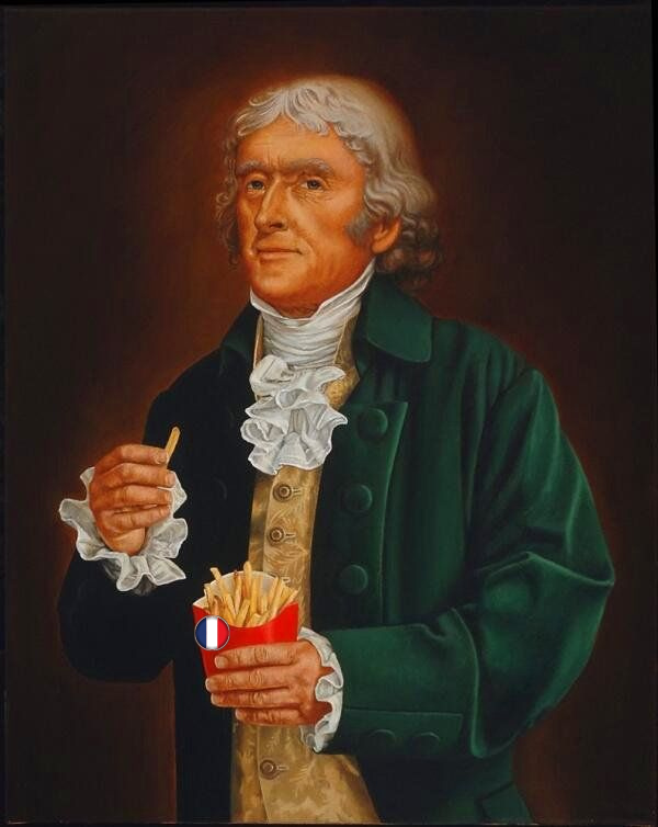 Thomas Jefferson mangeant des frites avec un petit drapeau français