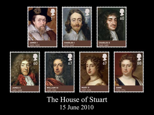 Timbres des 7 monarques de la dynastie des Stuart